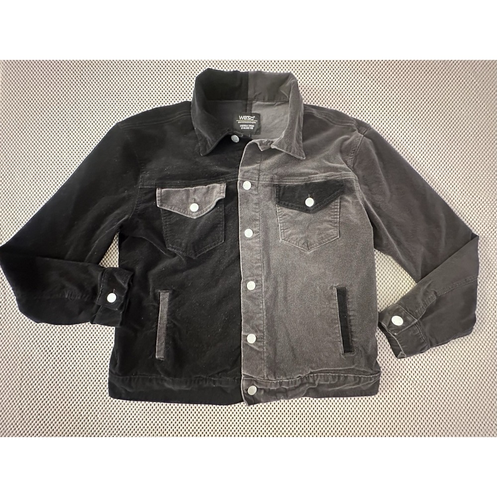 WESC Corduroy Trucker Jacket Men Size S Colorblock Button Front Black Gray Moto